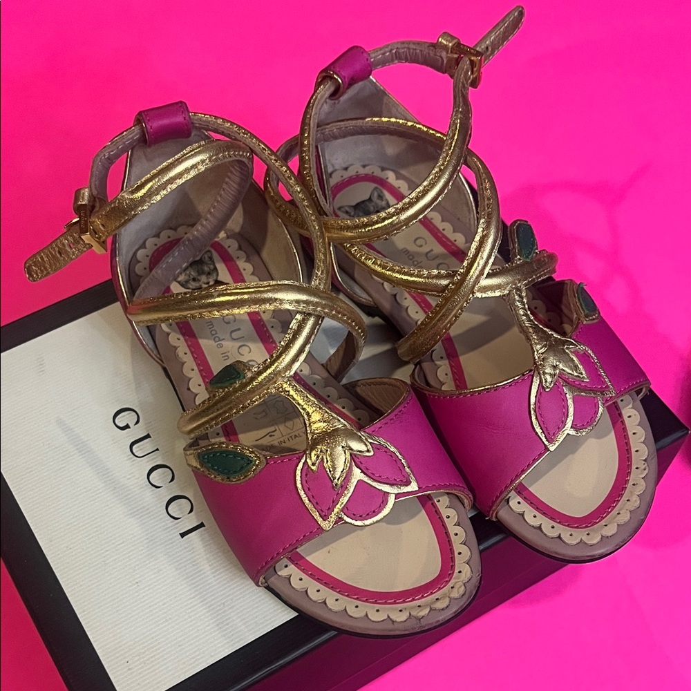 Gucci Fuchsia and Metallic Gold Sandals